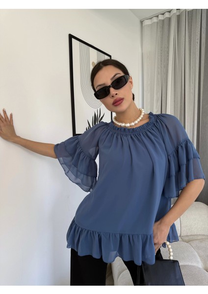 Yaka Lastikli Şifon Bluz 6022-İNDIGO fırsatları