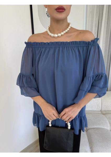 Yaka Lastikli Şifon Bluz 6022-İNDIGO indirimleri