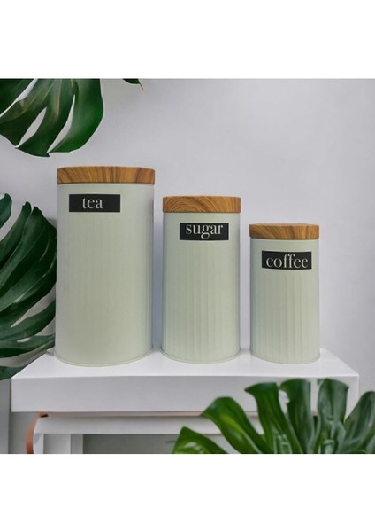 Bambu görünümlü kapaklı 3'lü beyaz metal kavanoz seti, şık ve kullanışlı tasarım
