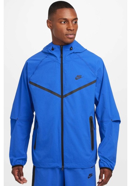 Tech Windrunner Woven Full Zip Loose Fit Jacket Erkek Bol Kesim Paraşüt Kumaş Kapüşonlu Ceket Sax Mavi