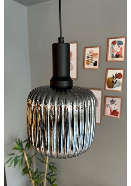 Bag Füme Cam Tekli Avize Siyah Fener Başlık Retro Sarkıt Lamba Restoran Salon Aydınlatma