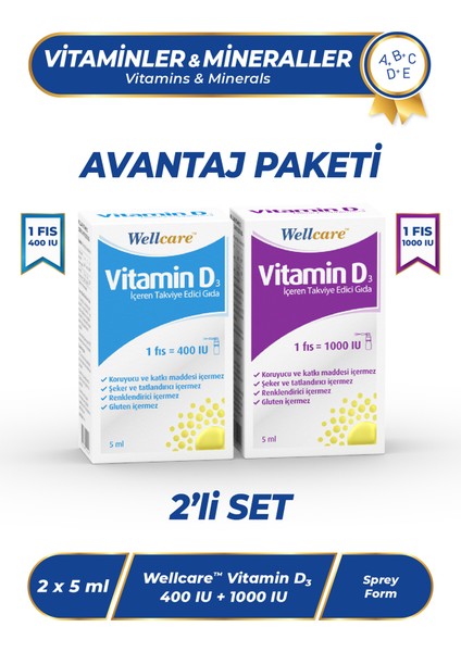 D3 Vitamini 2'li Set -Vitamin D3 400 Iu 5 ml & Vitamin D3 1000 Iu 5 ml