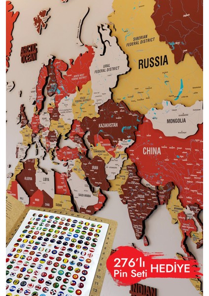 Renkli Tasarım 3D Ahşap Dünya Haritası - Ahşap Dünya Haritası