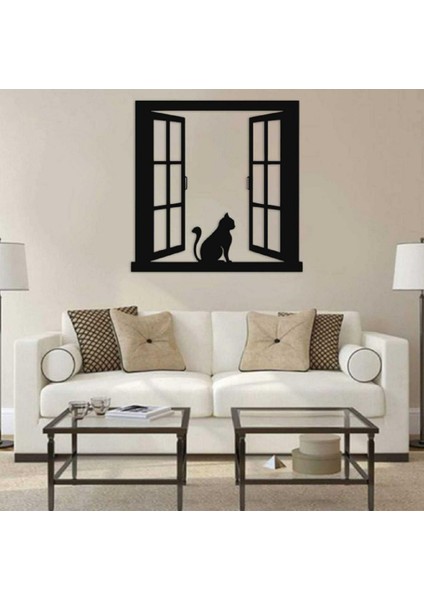 Kedi Pencere Dekoratif Ahşap Tablo 45 x 45 cm