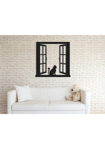 Kedi Pencere Dekoratif Ahşap Tablo 45 x 45 cm