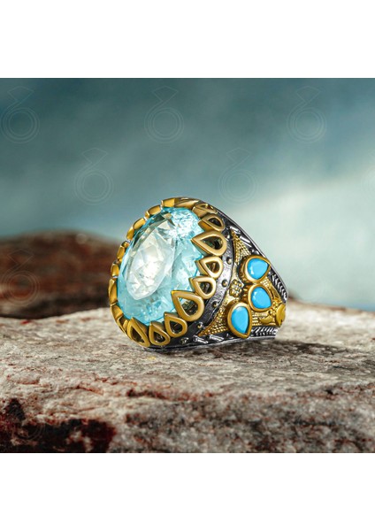925 Ayar Gümüş Mavi Paraiba Taşlı Erkek Yüzük