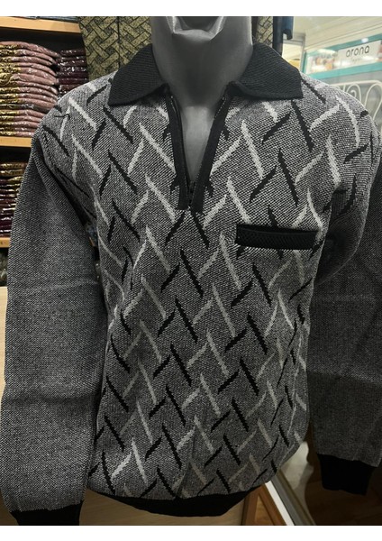 Erkek Triko Yarım Fermuarlı Cepli Kazak