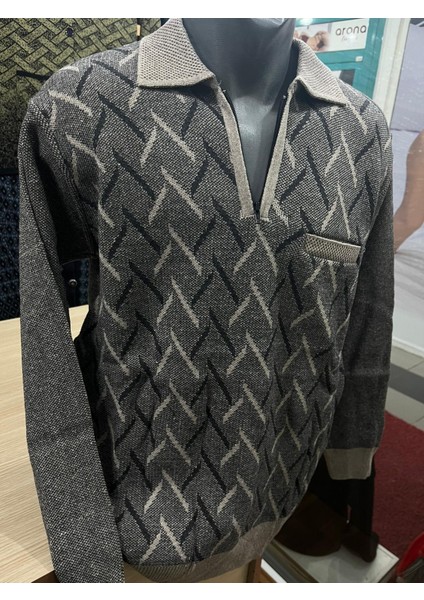 Erkek Triko Yarım Fermuarlı Cepli Kazak