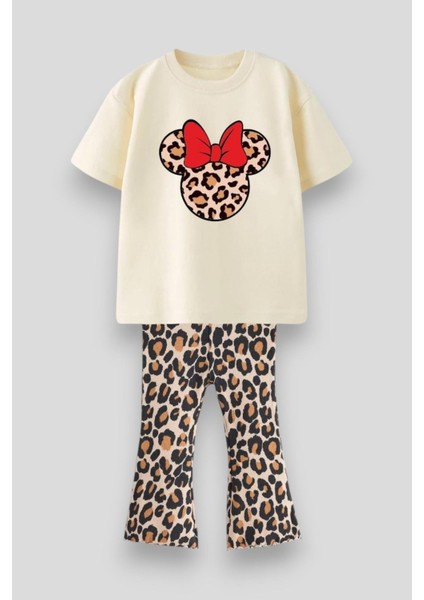 Kız Çocuk Pamuklu Minnie Mouse Ekru Leopar Desenli Fiyonklu T-Shirt ve Leopar Desenli Ispanyol Paça Tayt Takım