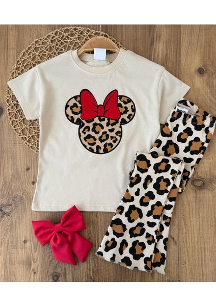 Kız Çocuk Pamuklu Minnie Mouse Ekru Leopar Desenli Fiyonklu T-Shirt ve Leopar Desenli Ispanyol Paça Tayt Takım