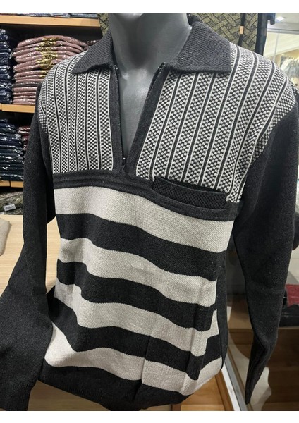 Erkek Triko Yarım Fermuarlı Cepli Kazak