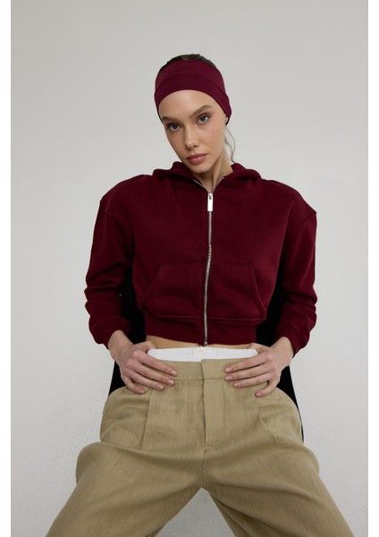 Kadın Bordo Renk Kapüşonlu Crop Sweatshirt Hırka
