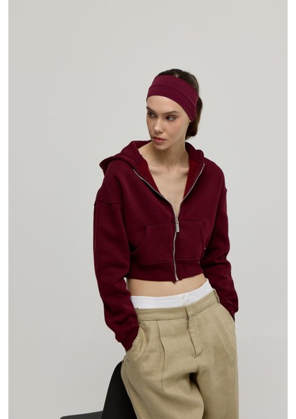 Kadın Bordo Renk Kapüşonlu Crop Sweatshirt Hırka fiyatları