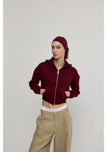 Kadın Bordo Renk Kapüşonlu Crop Sweatshirt Hırka modelleri