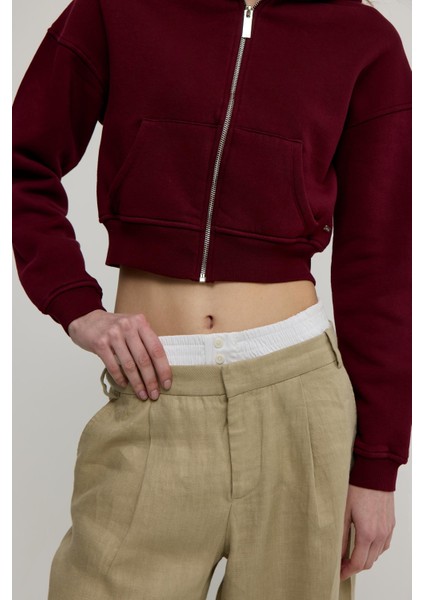 Kadın Bordo Renk Kapüşonlu Crop Sweatshirt Hırka fırsatları
