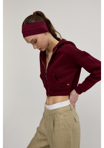 Kadın Bordo Renk Kapüşonlu Crop Sweatshirt Hırka indirimleri