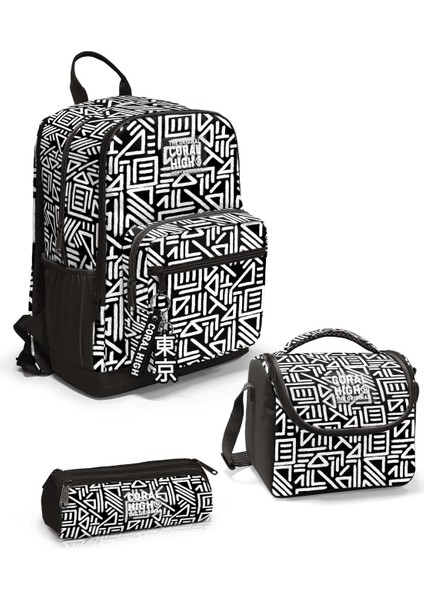 Siyah Beyaz Geomatrik Desenli 3’lü Okul Çanta Seti SET0123682