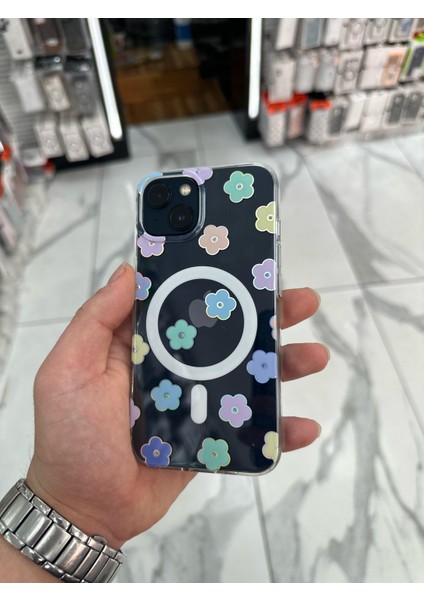 iPhone 14 Kılıf Parlak Papatya Tasarımlı Magsafe Kılıf Fiyonk Silikon Gümüş