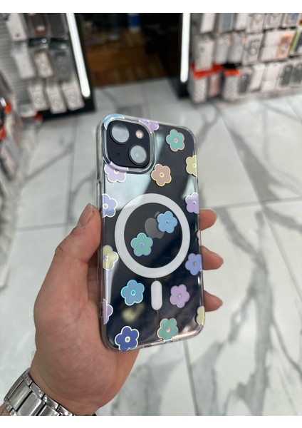iPhone 14 Kılıf Parlak Papatya Tasarımlı Magsafe Kılıf Fiyonk Silikon Gümüş fiyatları