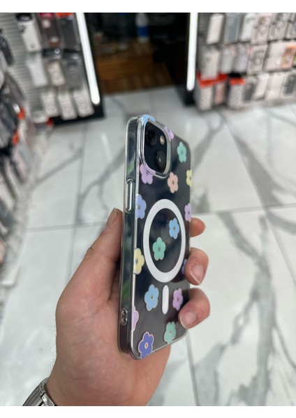 iPhone 14 Kılıf Parlak Papatya Tasarımlı Magsafe Kılıf Fiyonk Silikon Gümüş fırsatları