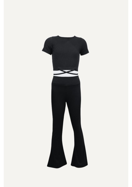 Kısa Kollu Crop Yüksel Bel Fitilli Ispanyol Paça Tayt TAKIM-42020