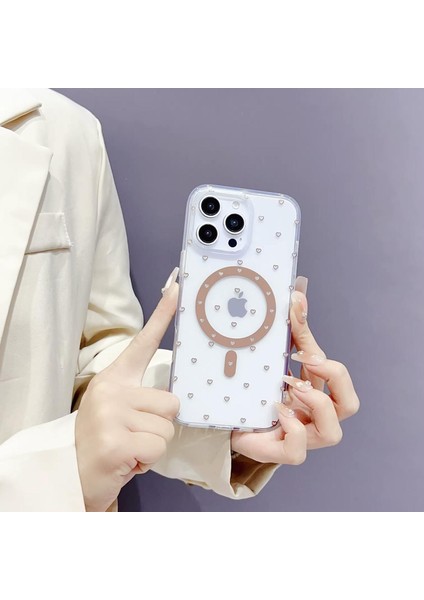 iPhone 15 Pro Max Kılıf Kalp Magsafe Kılıf Fiyonklu Tasarım Silikon Kılıf Rose Gold