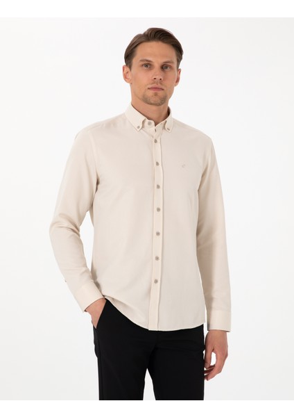 Erkek Bej Oxford Slim Fit Kolay Ütülenebilir Gömlek 50306996-VR011