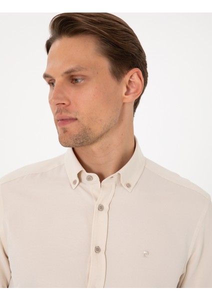 Erkek Bej Oxford Slim Fit Kolay Ütülenebilir Gömlek 50306996-VR011