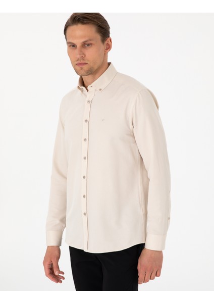 Erkek Bej Oxford Slim Fit Kolay Ütülenebilir Gömlek 50306996-VR011