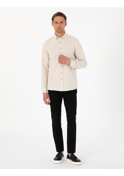 Erkek Bej Oxford Slim Fit Kolay Ütülenebilir Gömlek 50306996-VR011
