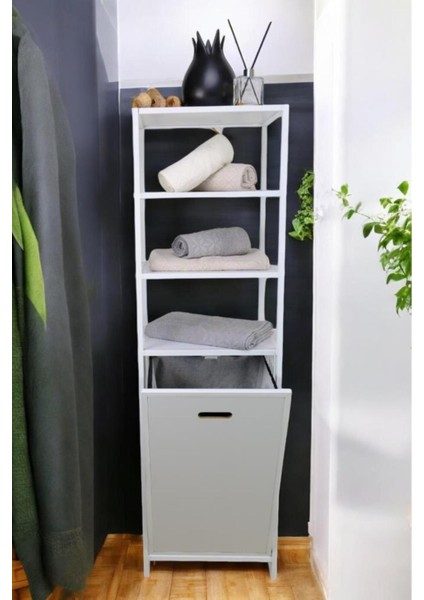 Metal Kirli Sepetli 4 Raflı Çamaşır Sepeti Beyaz HMRS-015