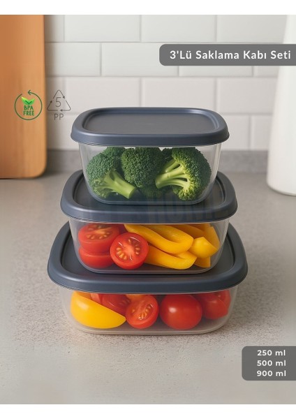 3'lü Saklama Kabı Seti Kare Erzak Kabı Bpa Free Derin Dondurucu Için Uygun 250-500-1500 ml