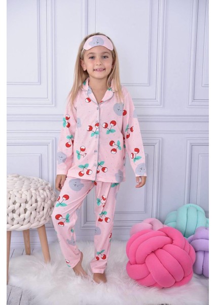 Kız Çocuk Düğmeli Desenli Uzun Kollu Pijama Takımı