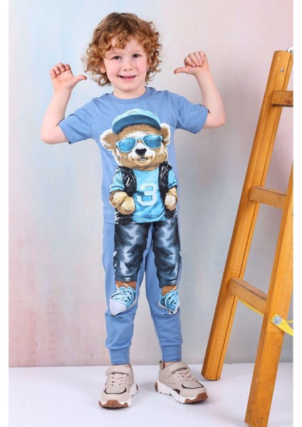 Erkek Çocuk Ayı Desenli Kısa Kollu Tshırt Eşofman 2'Li Takım