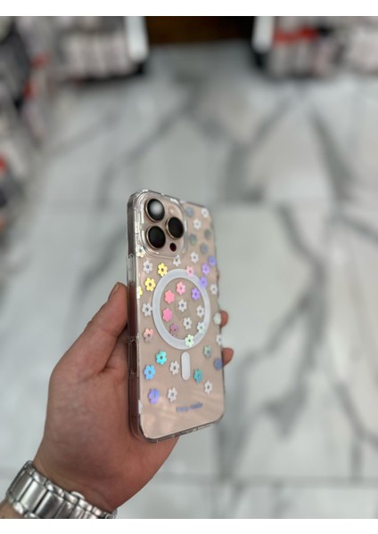 iPhone 14 Pro Max Kılıf Renkli Papatya Fiyonklu Magsafe Kılıf Silikon Tasarımlı