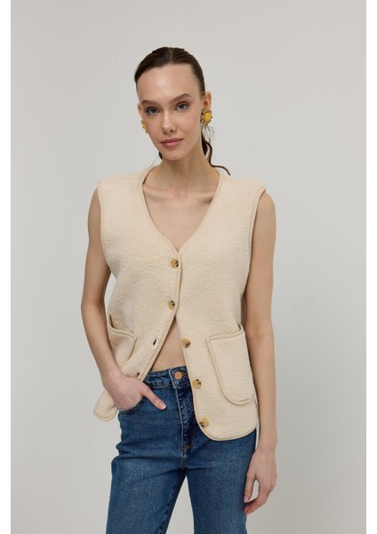 Kadın Taş Cepli Sıfr Kol Iliklenebilir Peluş Yelek
