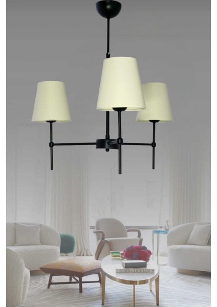 Henna 3'lü Siyah Modern Avize (Konik Krem Abajurlu)