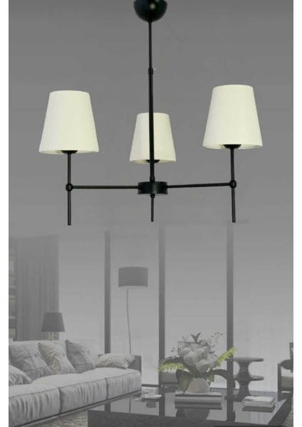 Henna 3'lü Siyah Modern Avize (Konik Krem Abajurlu) fiyatları