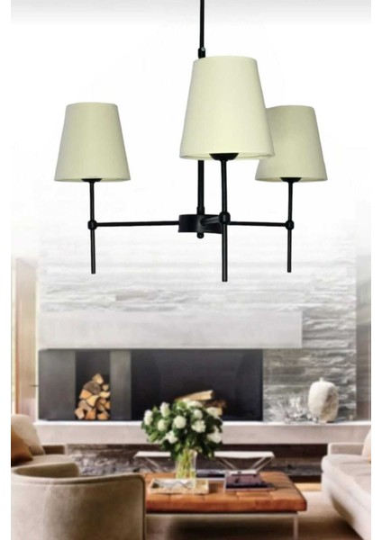 Henna 3'lü Siyah Modern Avize (Konik Krem Abajurlu) modelleri