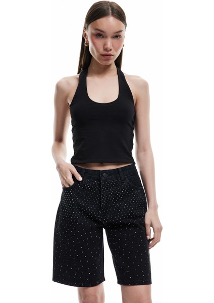 Taş Detaylı Cepli Pamuklu Straight Fit Jean Kapri Şort fiyatları