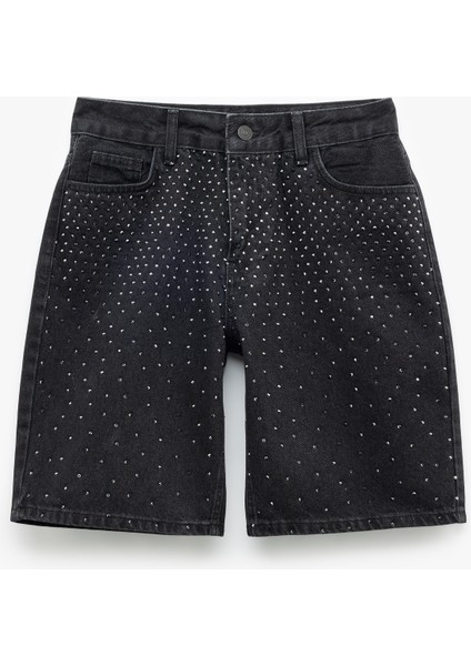 Taş Detaylı Cepli Pamuklu Straight Fit Jean Kapri Şort fırsatları