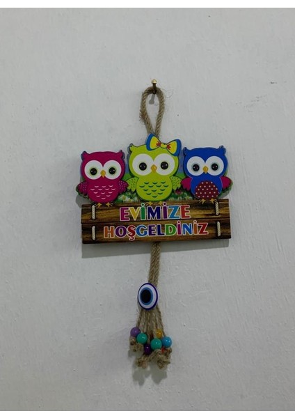 Ahşap Baykuşlu ve Nazar Boncuklu Evimize Hoşgeldiniz Kapı Süsü 16X10CM