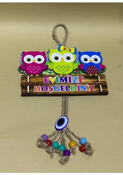 Ahşap Baykuşlu ve Nazar Boncuklu Evimize Hoşgeldiniz Kapı Süsü 16X10CM fiyatları