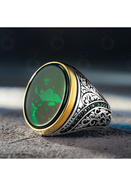 925 Ayar Gümüş Oval Düz Yeşil Akik Taşlı Erkek Yüzük