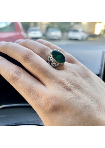925 Ayar Gümüş Oval Düz Yeşil Akik Taşlı Erkek Yüzük modelleri