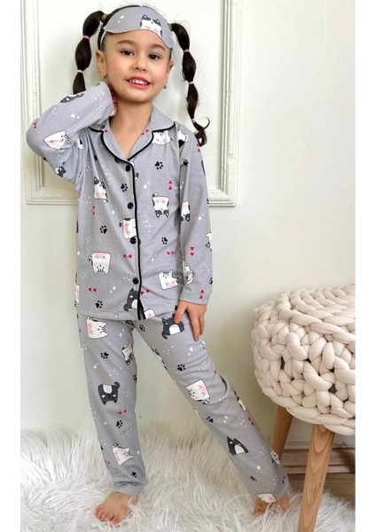 Kız Çocuk Düğmeli Desenli Uzun Kollu Pijama Takımı