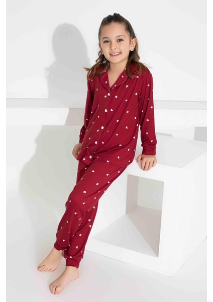 Kız Çocuk Kalp Desenli Düğmeli Uzun Kollu Pijama Takımı