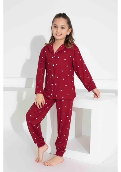 Kız Çocuk Kalp Desenli Düğmeli Uzun Kollu Pijama Takımı