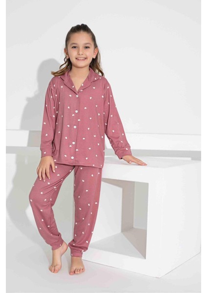 Kız Çocuk Kalp Desenli Düğmeli Uzun Kollu Pijama Takımı