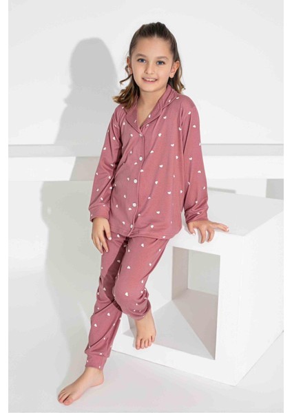 Kız Çocuk Kalp Desenli Düğmeli Uzun Kollu Pijama Takımı fiyatları